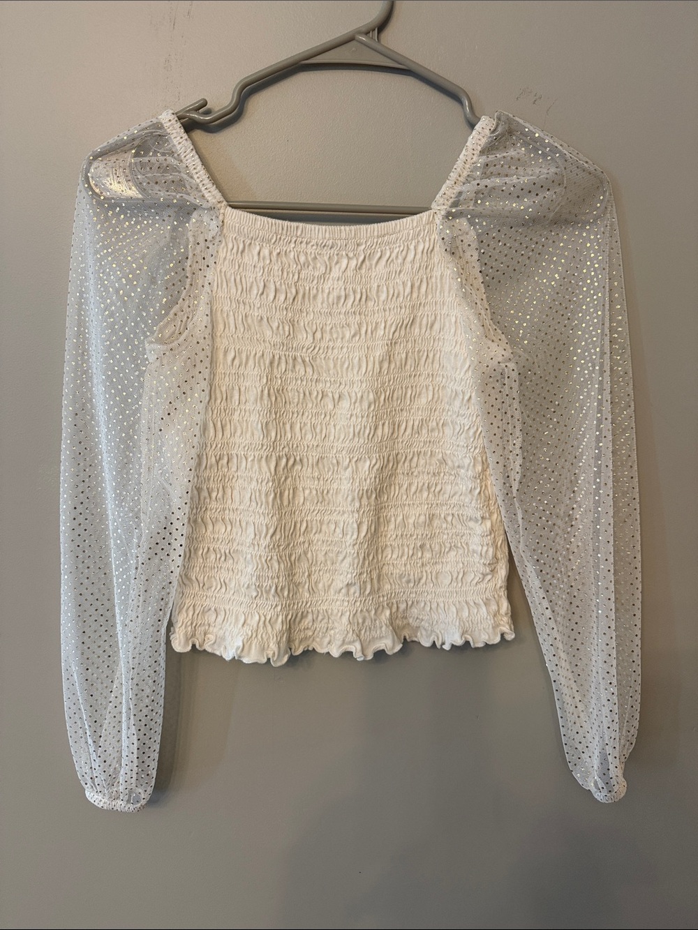 GAP Cream Smocked Top with Sheer Gold Polka-Dot Sleeves